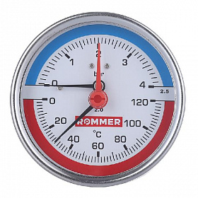 Термоманометр ROMMER аксиальный, 6 бар, 0-120°C, корпус 80 мм, 1/2"